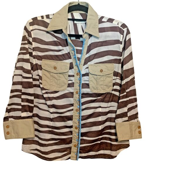 VTG Henry Cottons Top Zebra Print Blue Stones Lined placket Sz 48 L/XL Safari - Picture 2 of 12